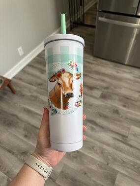 Floral Cow Stainless Tumbler with Mint Straw